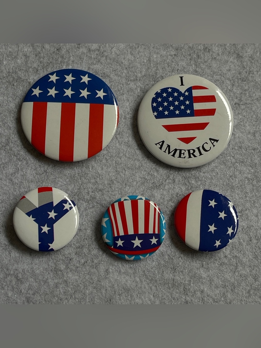 Lot of 5 Vintage Patriotic USA Flag Pinback Button Set - Red White Blue